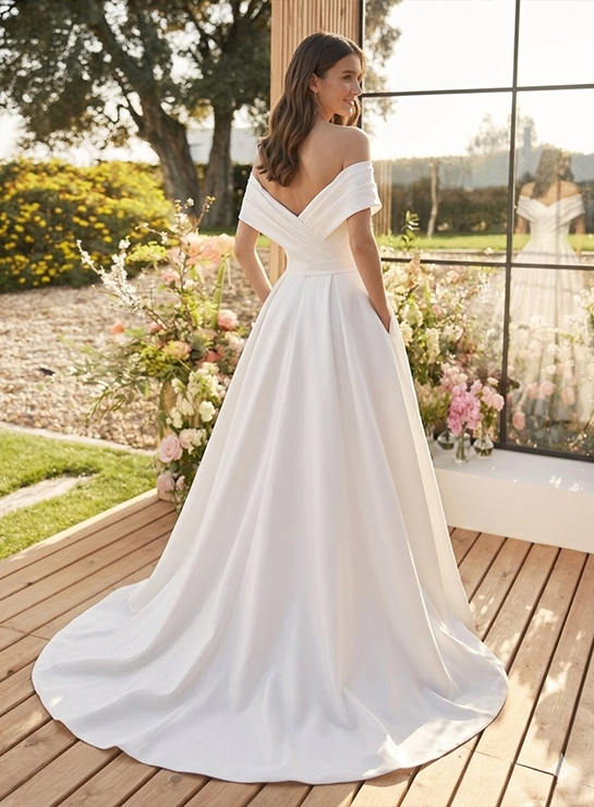Vestido de noiva ombro a ombro em zibeline com cauda longa, Maison Vol Fioravantte