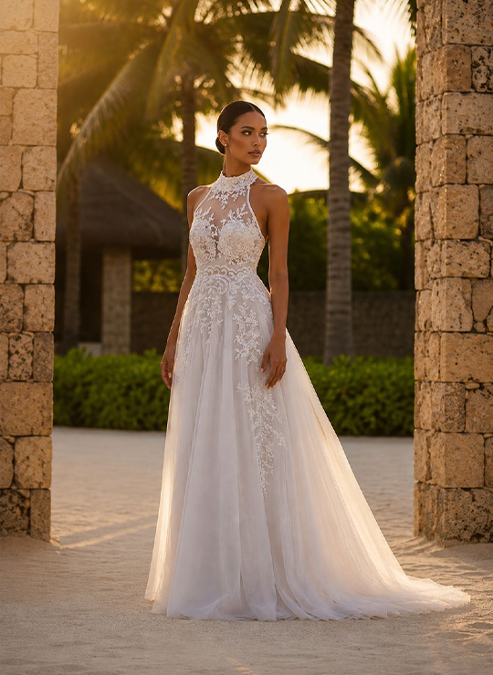 Vestido de noiva gola halter em renda bordada e saia em tule