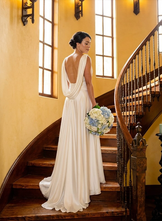 Noiva em vestido drapeado descendo escadaria com buquê, Maison Vol Fioravantte